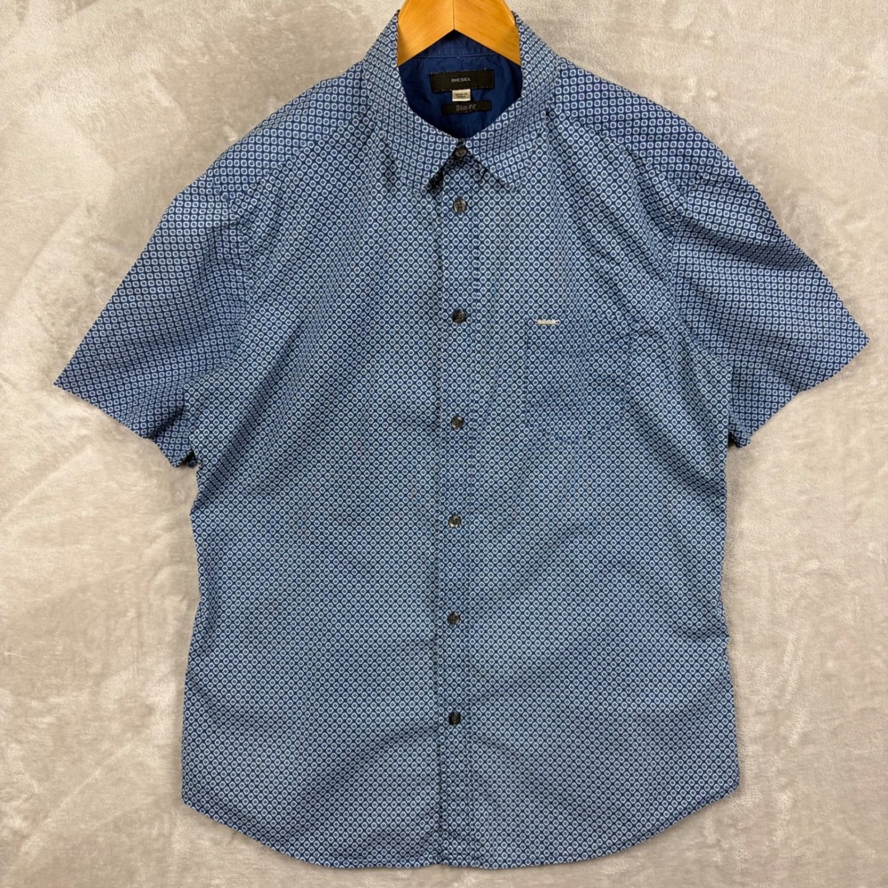 Diesel Shirt Men's Size L Slim Fit Blue Geometric Print Short Sleeve Button Up